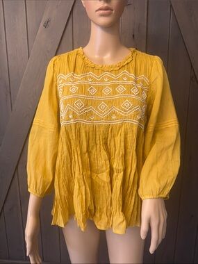 Anthropologie Yellow Embroidered Peasant Tunic
